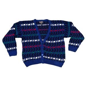 Vintage MACHE Mens Large Cardigan sweater knit Geometric Colorful Thick 90's